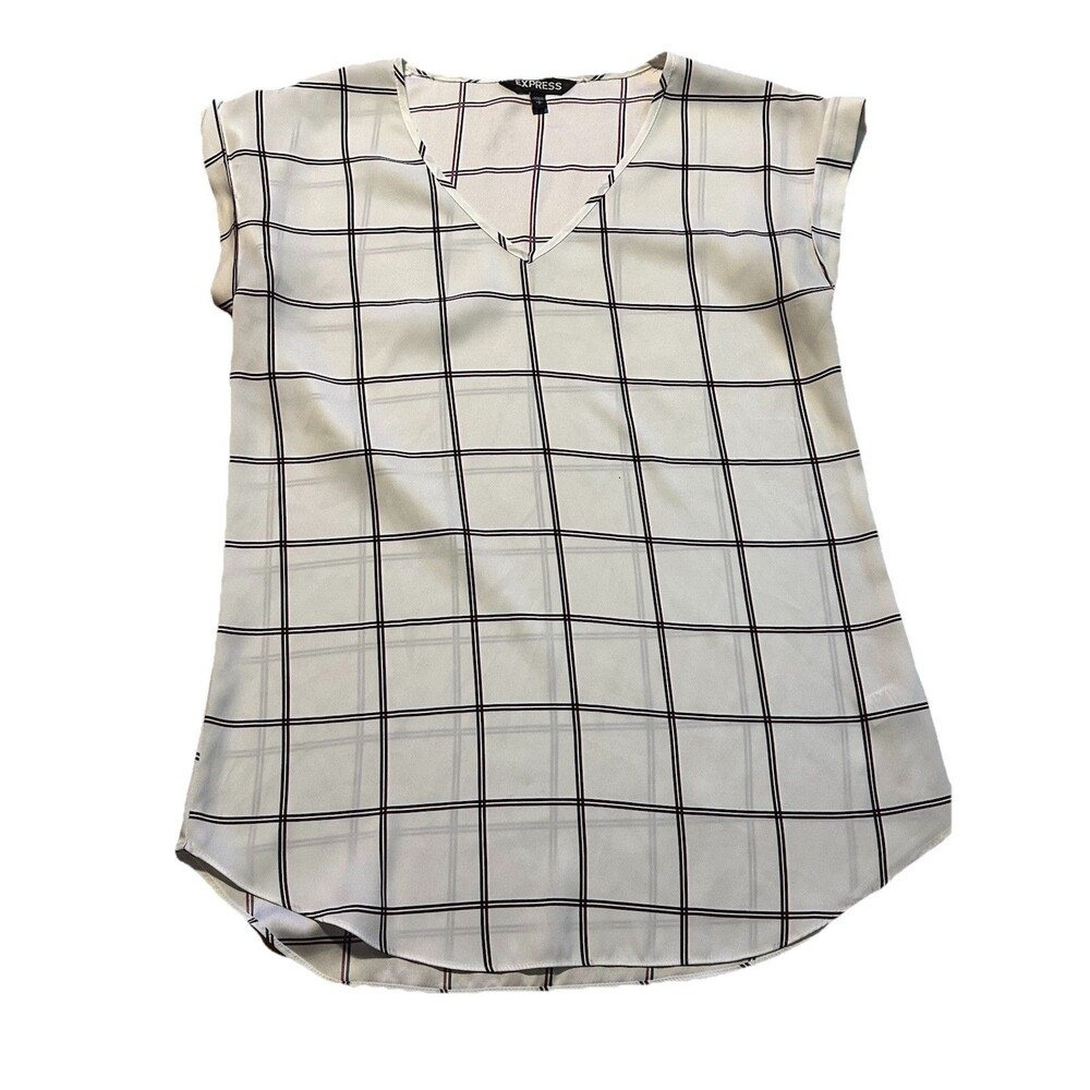Express Women’s Blouse Size S White Black Windowpane Plaid V-Neck